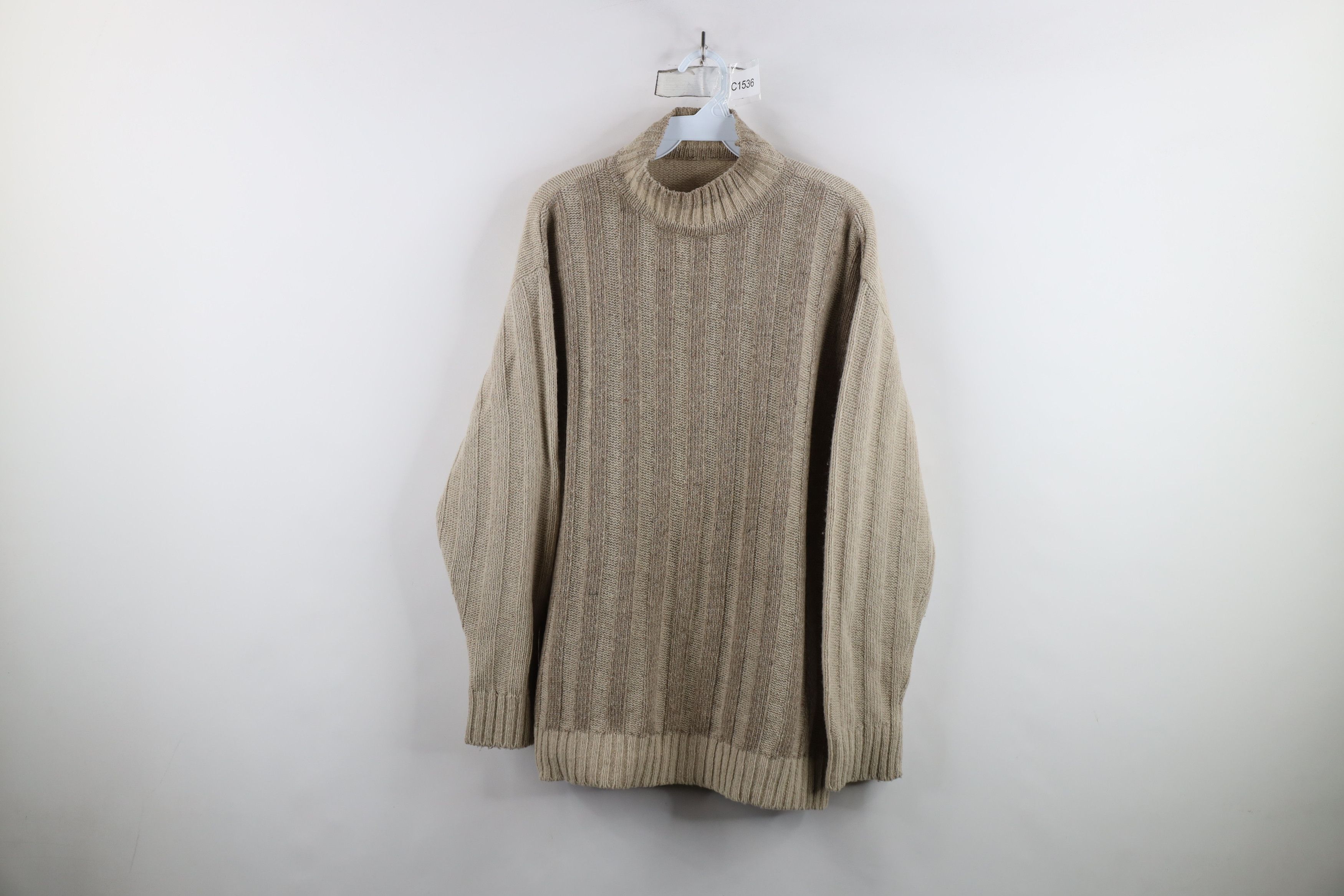 Vintage Vintage 90s Streetwear Ribbed Knit Mock Neck Sweater Beige Size US M / EU 48-50 / 2 - 1 Thumbnail