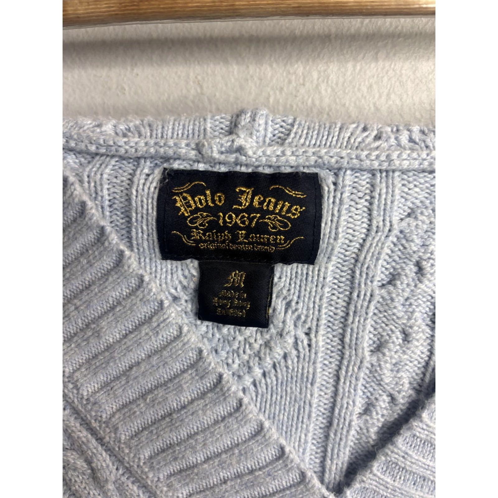Vintage Polo Jeans Co. Ralph Lauren Sweater Womens Medium Blue Cable-Knit Hooded V-Neck Pullover Regular Fit Casual Jacket/Top Size M / US 6-8 / IT 42-44 - 3 Thumbnail