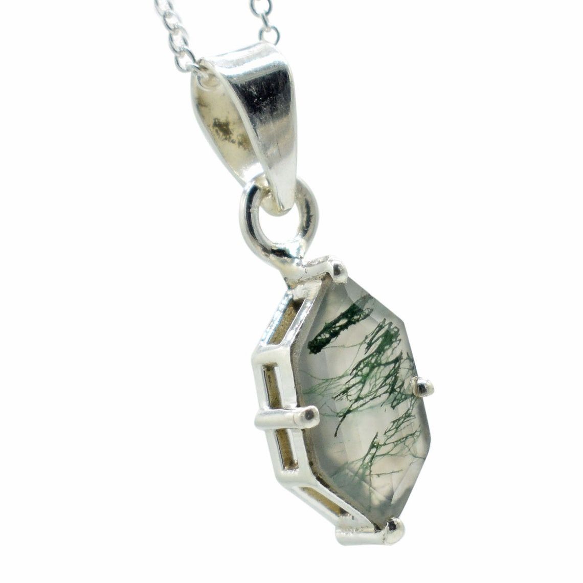 Handmade Sterling Silver Moss Agate Gemstone Necklace - 18 Inch Size ONE SIZE - 8 Thumbnail