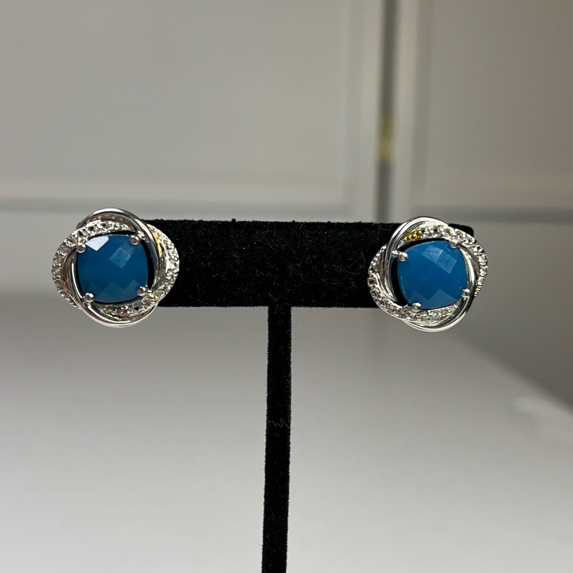 Designer Blue Gemstone Silver Knot Stud Earrings With Clear CZ Accent Size ONE SIZE - 3 Thumbnail