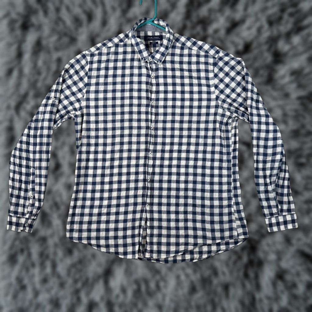 Zara Zara Man Shirt XL Blue White Gingham Check Slim Fit Button Down Long Sleeve Mens Size US XL / EU 56 / 4 - 1 Thumbnail