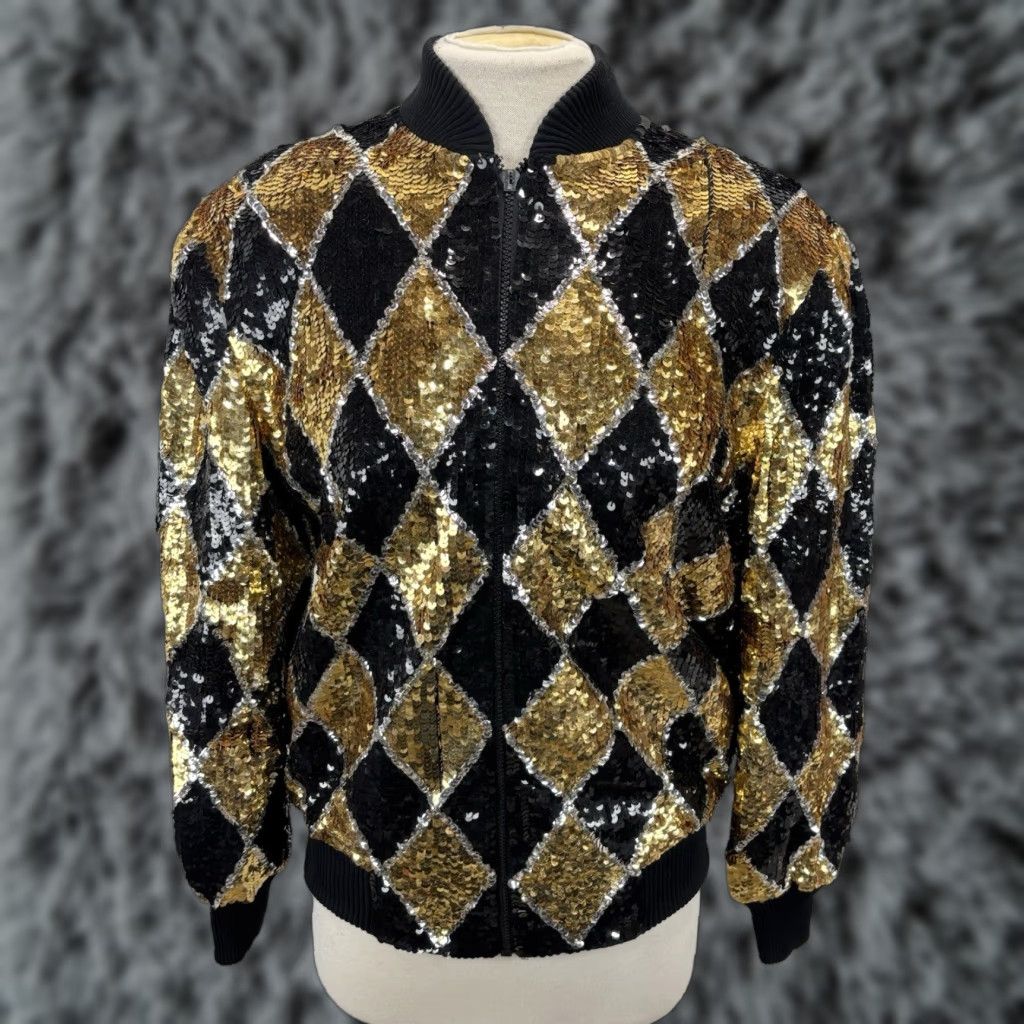 Vintage VINTAGE Laurence Kazar Bomber Jacket Women Small Black Gold Sequin 80s Glam Rock Readouts Size S / US 4 / IT 40 - 1 Thumbnail