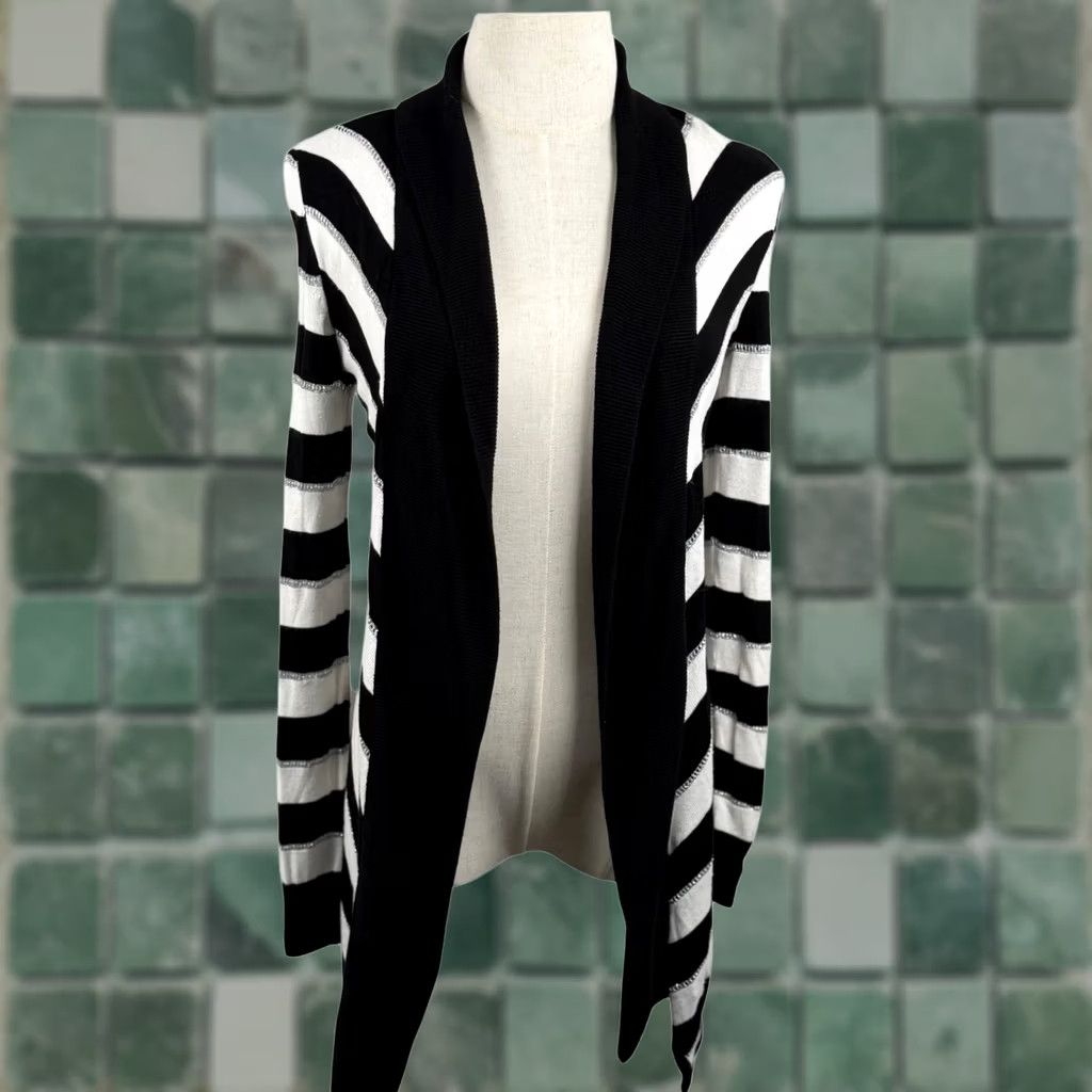 White House Black Market White House Black Market Cardigan XS Striped Knit Open Front Multicolor Black White Silver Metals Size XS / US 0-2 / IT 36-38 - 1 Thumbnail