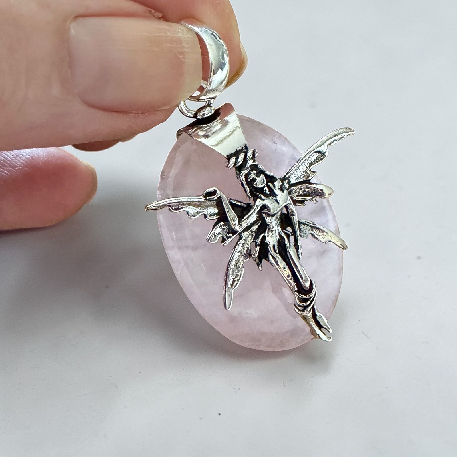 Other Fairy Rose Quartz Pendant Sterling Silver Overlay 2" Size ONE SIZE - 6 Thumbnail