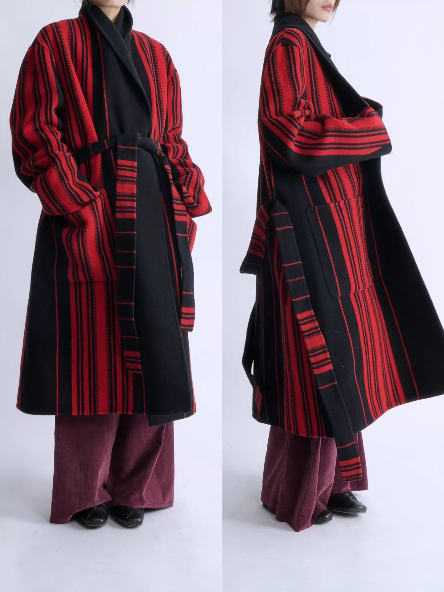 Loewe LOEWE Men’s Red Black Stripe Wool-Cashmere Belted Jacket Size US M / EU 48-50 / 2 - 2 Thumbnail
