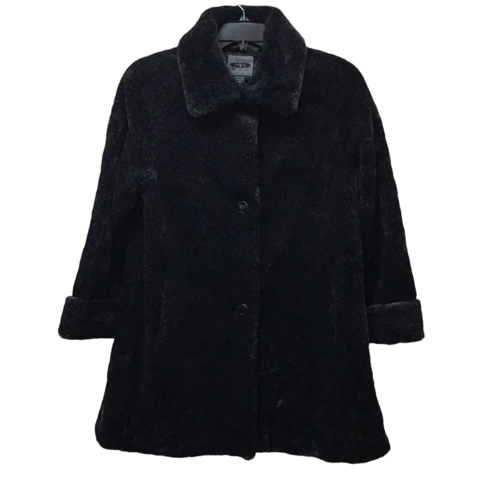 Vintage Bernardo Black Fuzzy Teddy Bear Faux Fur Coat Jacket Oversized M Women Overcoat Pockets Button Lining Faux Fur (Size Medium)