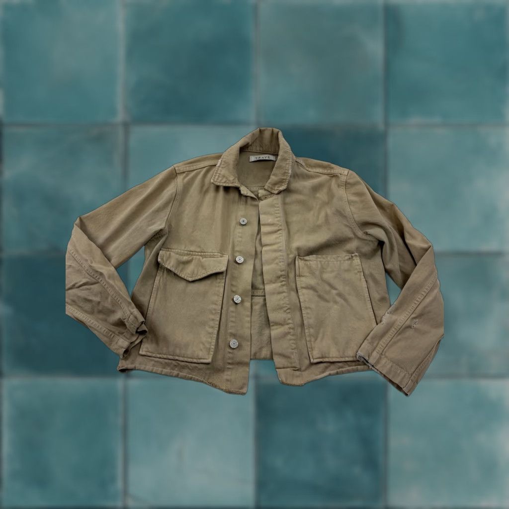 Vintage Trave Jacket Womens Small Beige Jane Cropped Twill Snap Front Utility Chore Size S / US 4 / IT 40 - 1 Thumbnail