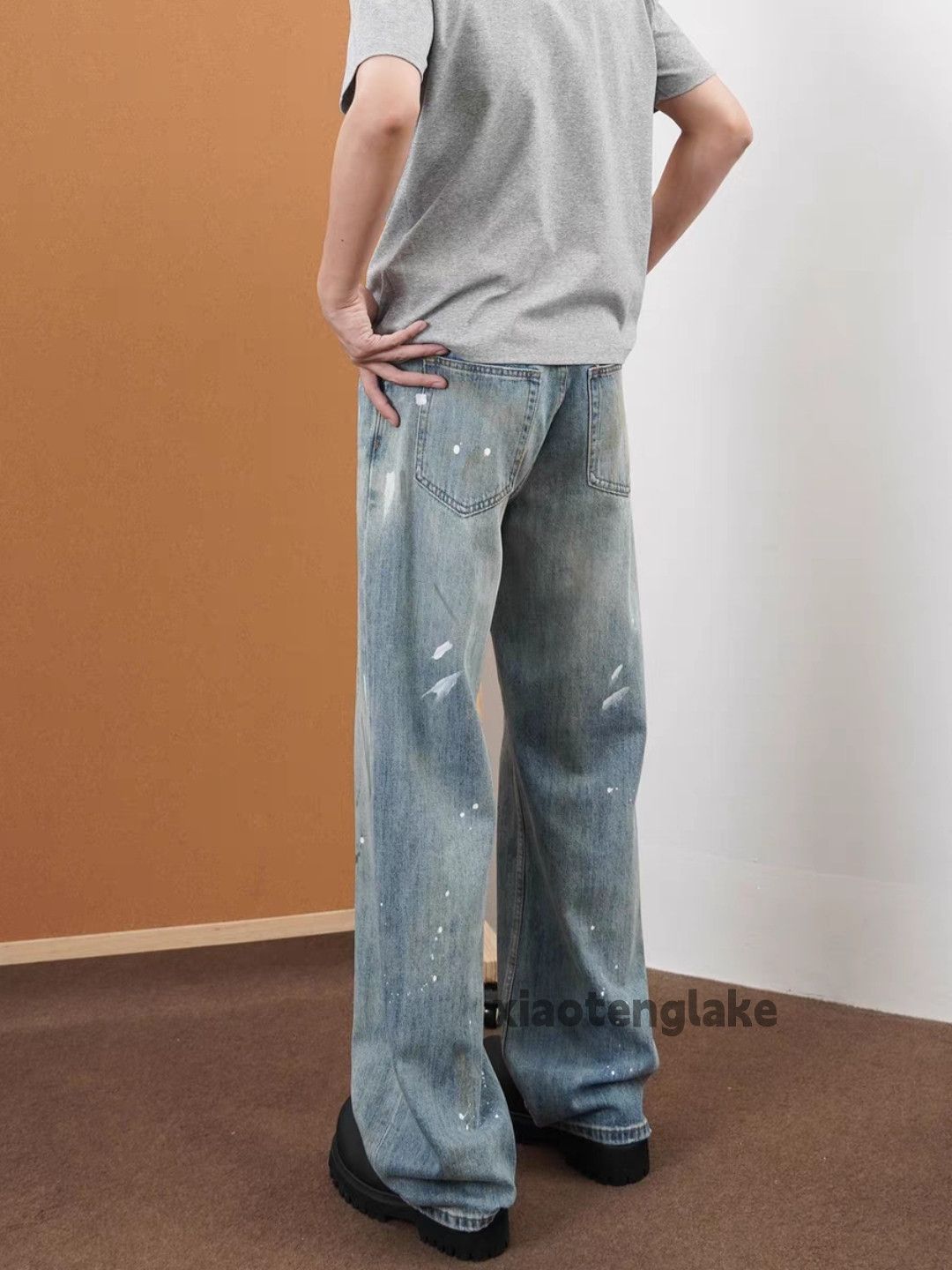 Designer Unisex washed faded loose baggy stain paint hiphop pants Size US 32 / EU 48 - 3 Thumbnail