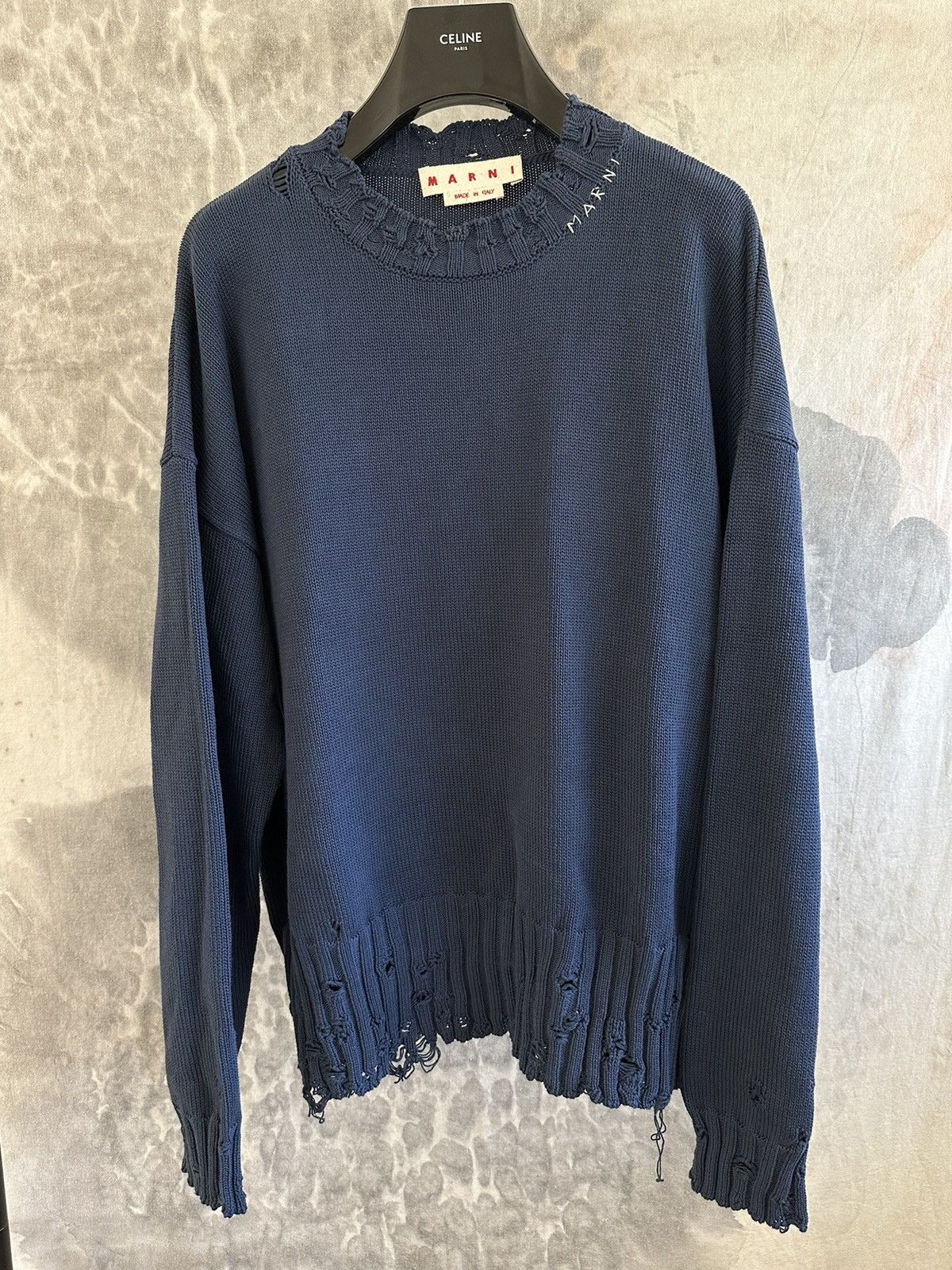 image of Marni Distressed Knit Sweater Size 52 in Navy, Men's