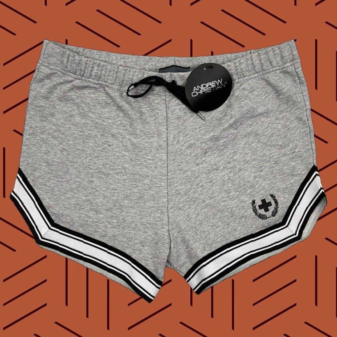 Vintage Andrew Christian Sweat Shorts Men Large 32 x 3.5" Gray Stretch Contrast Trim NEW Size US 33 - 1 Thumbnail