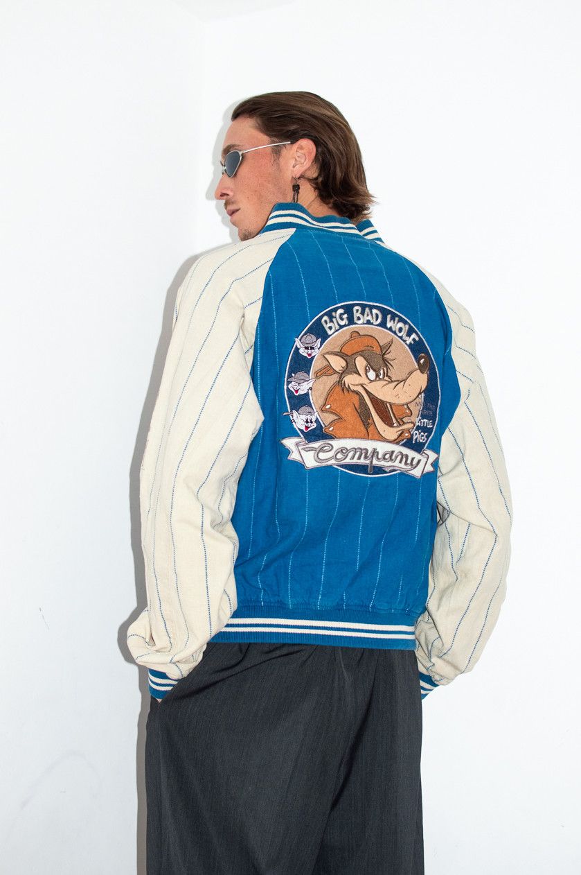 Image of Vintage Collectible Disney The Big Bad Wolf Reversible Bomber Jacket in Blue/White, Men's (Size XL)