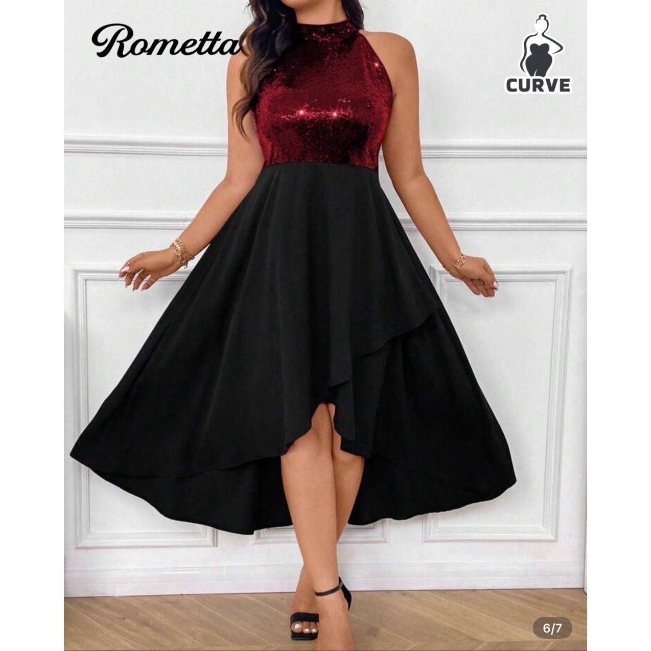 Shein Rometta Plus Size Sequin Patchwork Asymmetric Hem Halter Dress Maxi  Women Outfit | Grailed