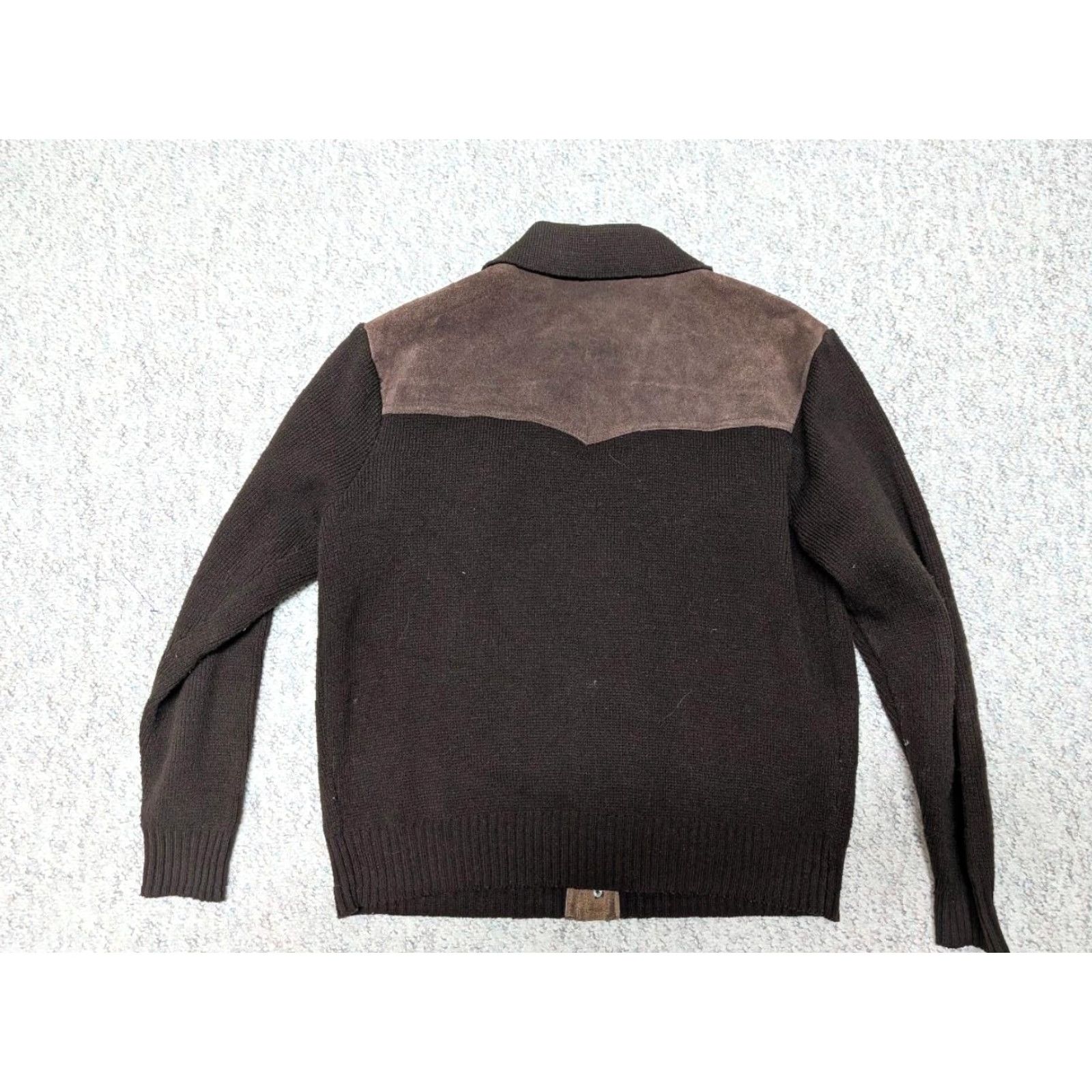 Eddie Bauer VINTAGE Eddie Bauer Sweater Cardigan Men S Wool Knit Wool Blend Leather Elbow Patches Gray/Tan 1970s Cowboy Western Cable-Knit Shawl Neckline 44LX? Size US S / EU 44-46 / 1 - 2 Thumbnail