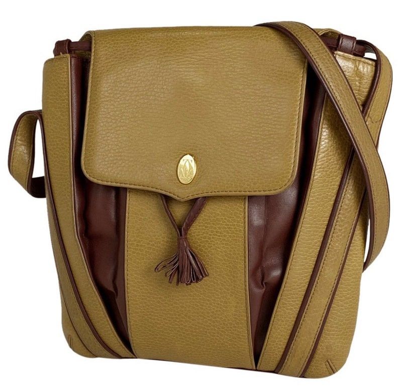image of Vintage Cartier Yellow Mustard Leather Shoulder Purse With Gold-Tone Logo Charm And Wine Leather Ta