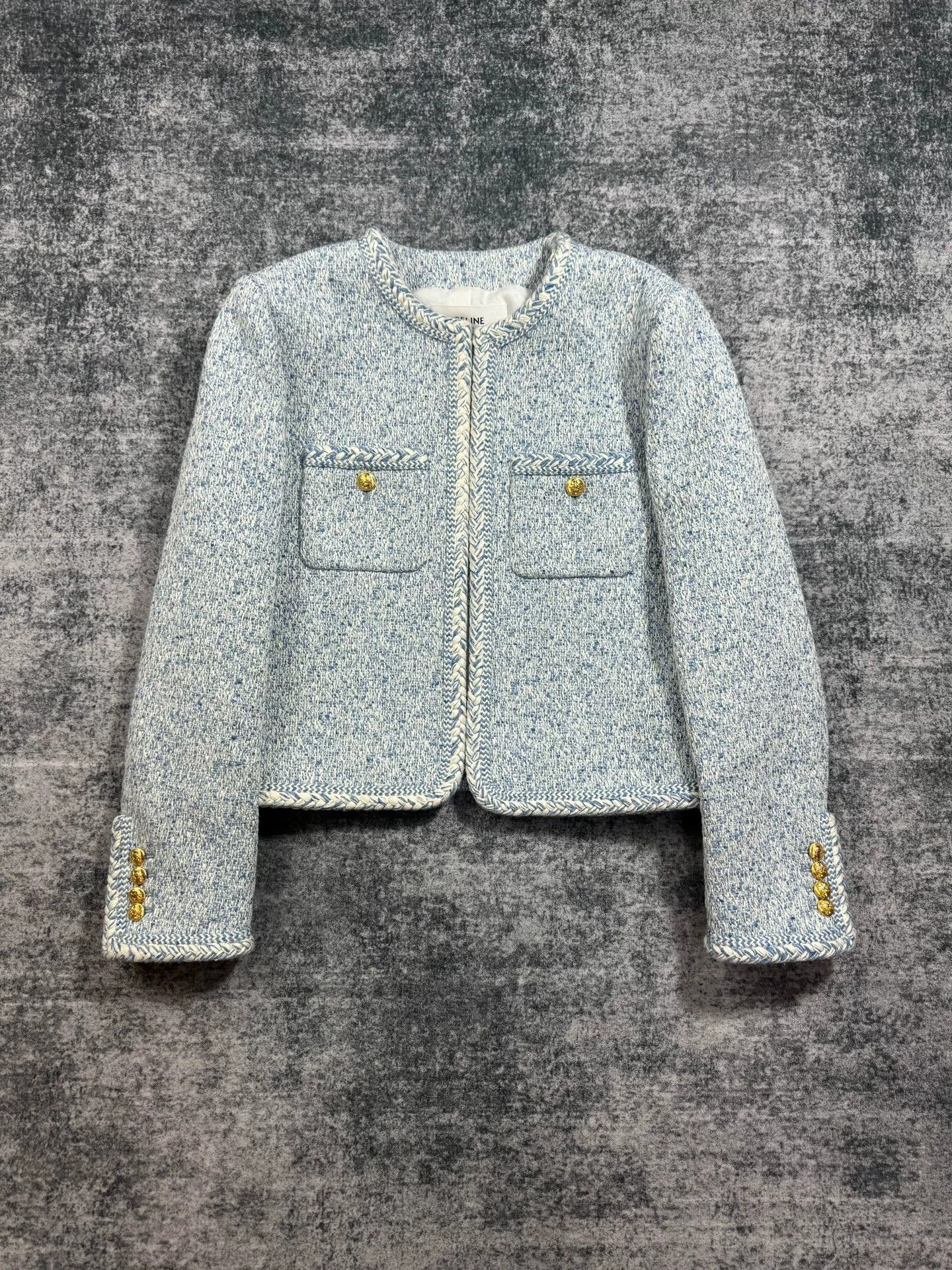 Celine celine light blue tweed jacket Size L / US 10 / IT 46 - 1 Thumbnail