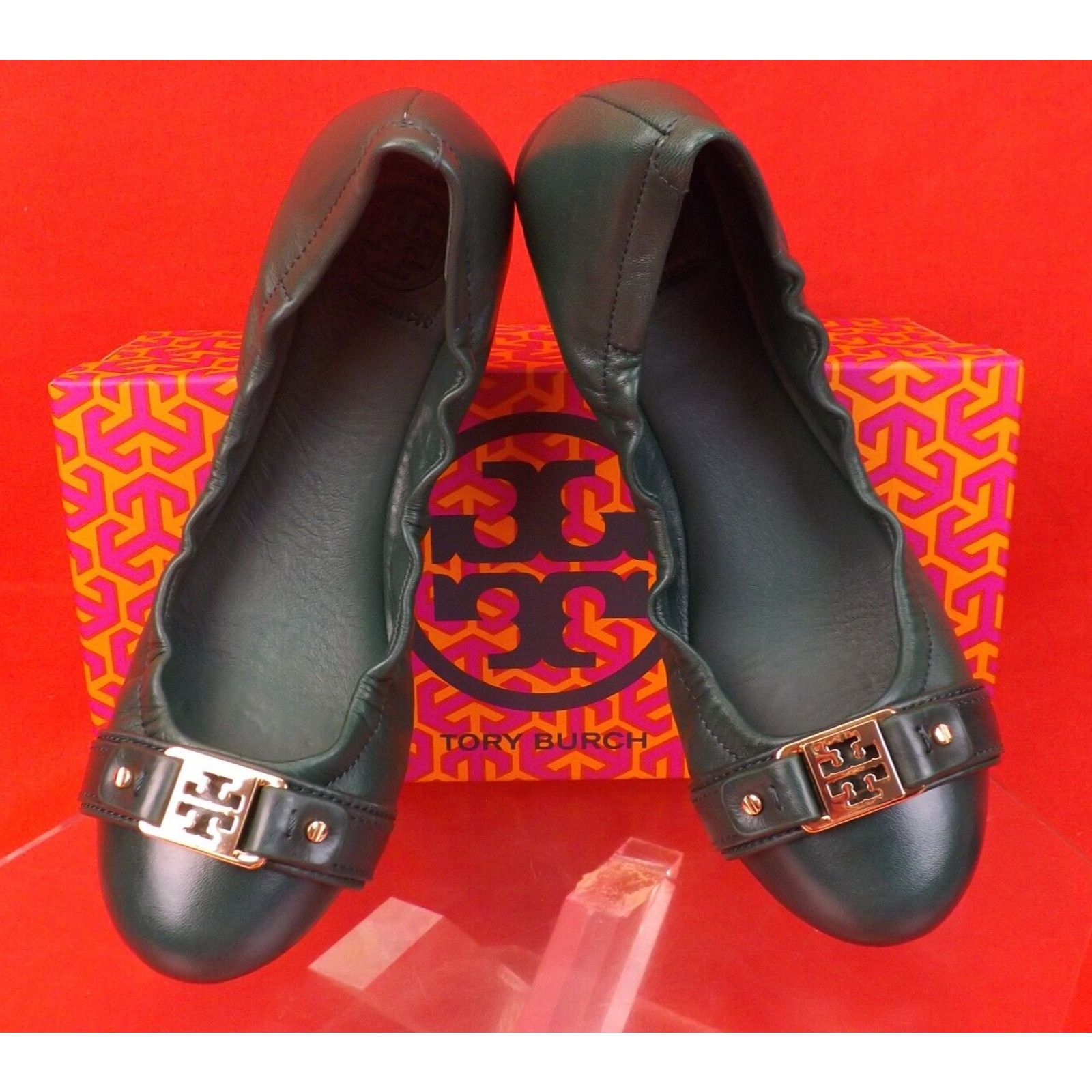 Tory Burch TORY BURCH AMBROSE DARK GREEN LEATHER GOLD REVA FLATS 7 Size US 7 / IT 37 - 1 Thumbnail