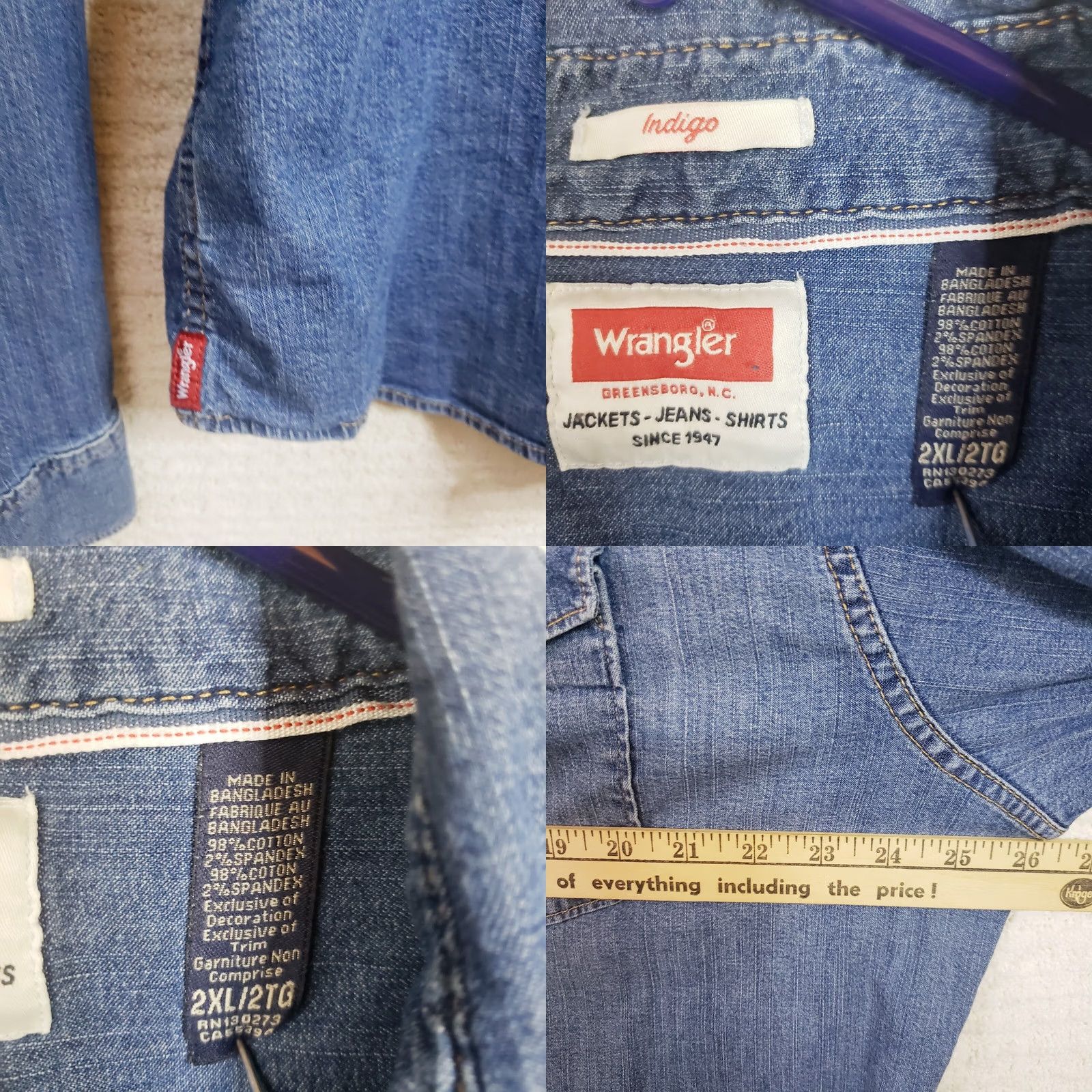Wrangler Wrangler Shirt Mens 2XL Blue Denim Pearl Snap Outdoor Western Casual Slimming Long Sleeve Button-Up Indigo 2XL Mens Wrangler Indigo (Vintage: No) Size US XXL / EU 58 / 5 - 8 Thumbnail