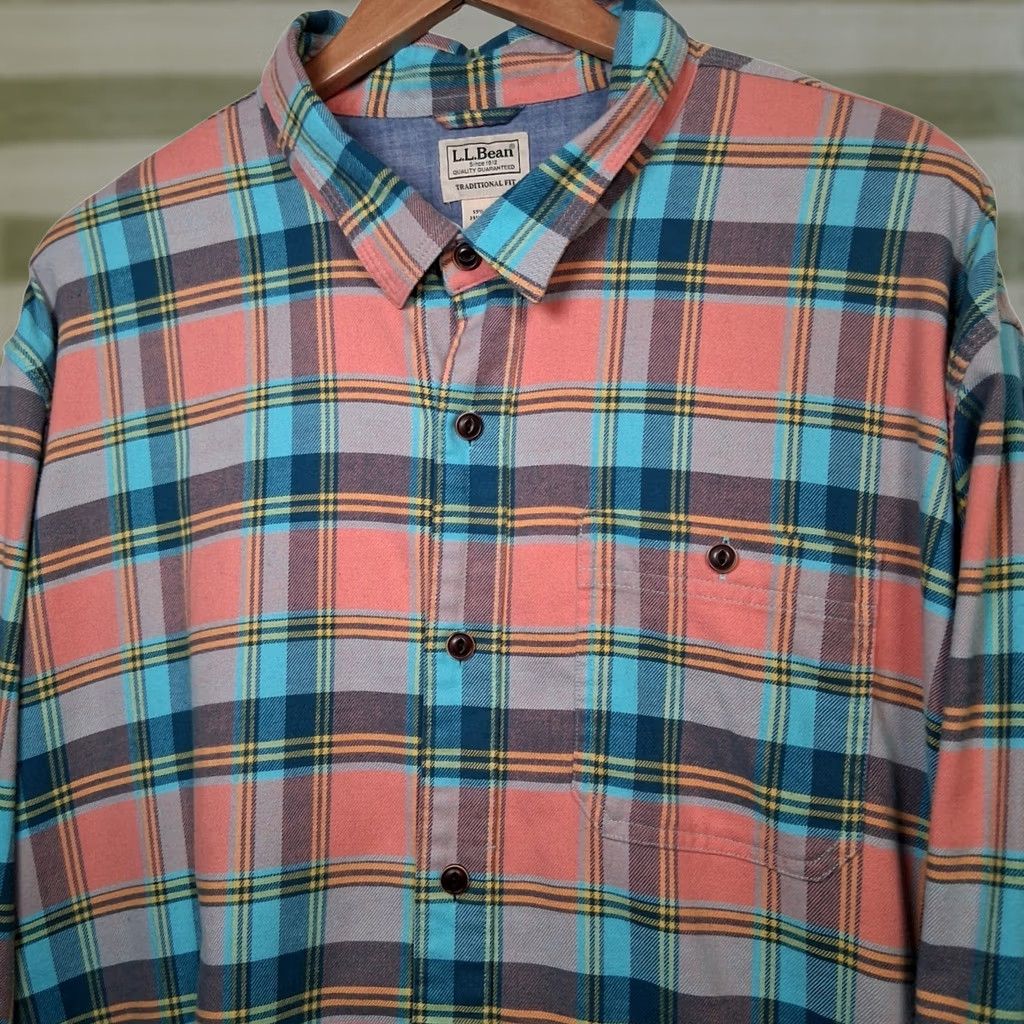 Vintage LL Bean Flannel Shirt Men XXL Regular Plaid Peach Blue Button-Down Long Sleeve Size US XXL / EU 58 / 5 - 1 Thumbnail
