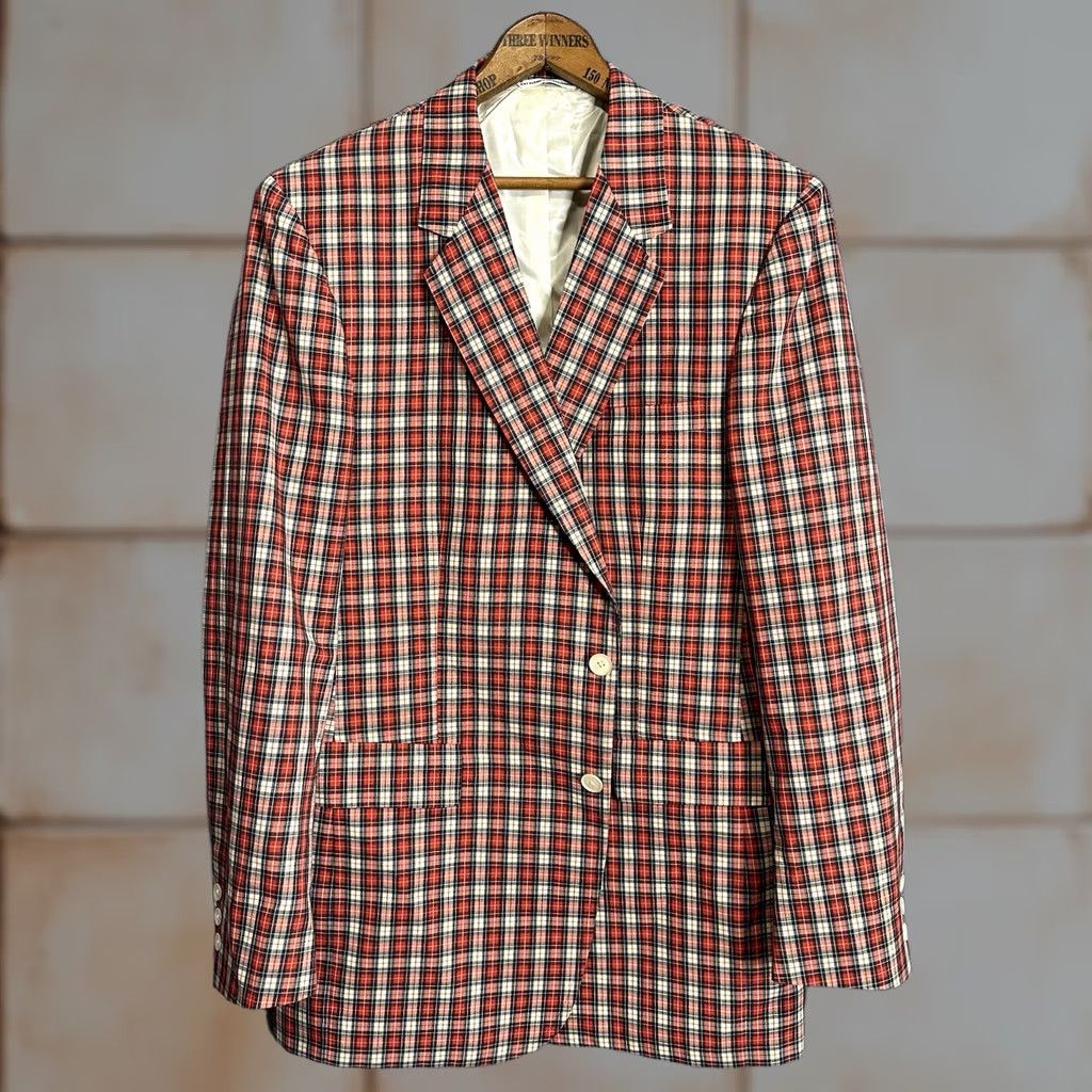 Vintage VINTAGE Kingsridge Sport Coat Red Jacket Blazer L/XL Button Up Plaid Mens Suit Size 42R - 1 Thumbnail