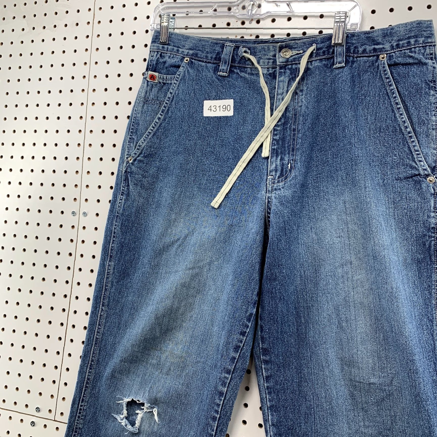 Vintage VINTAGE Aeropostale Baggy Wide Leg Denim Jeans Men M Drawstring 35x30.5 Blue Cotton Denim 5-Pocket Design Inseam 31 Straight Winter Fall Spring Mens Size US 31 - 5 Thumbnail