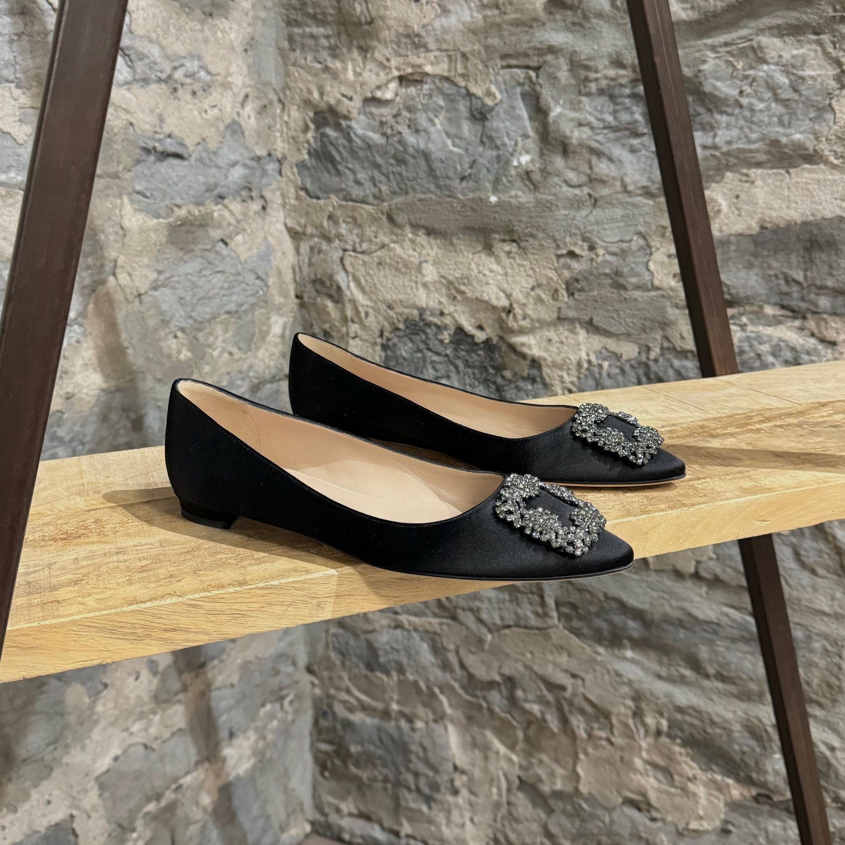 Manolo Blahnik Manolo Blahnik Hangisi Black Satin Jewel Buckle Flats Size US 9 / IT 39 - 1 Thumbnail