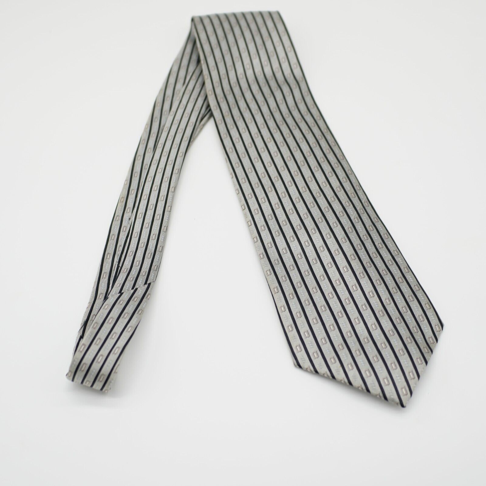 Designer Carlos Devenezia Silver Tan Black Geometric Woven Long Silk Size ONE SIZE - 6 Thumbnail
