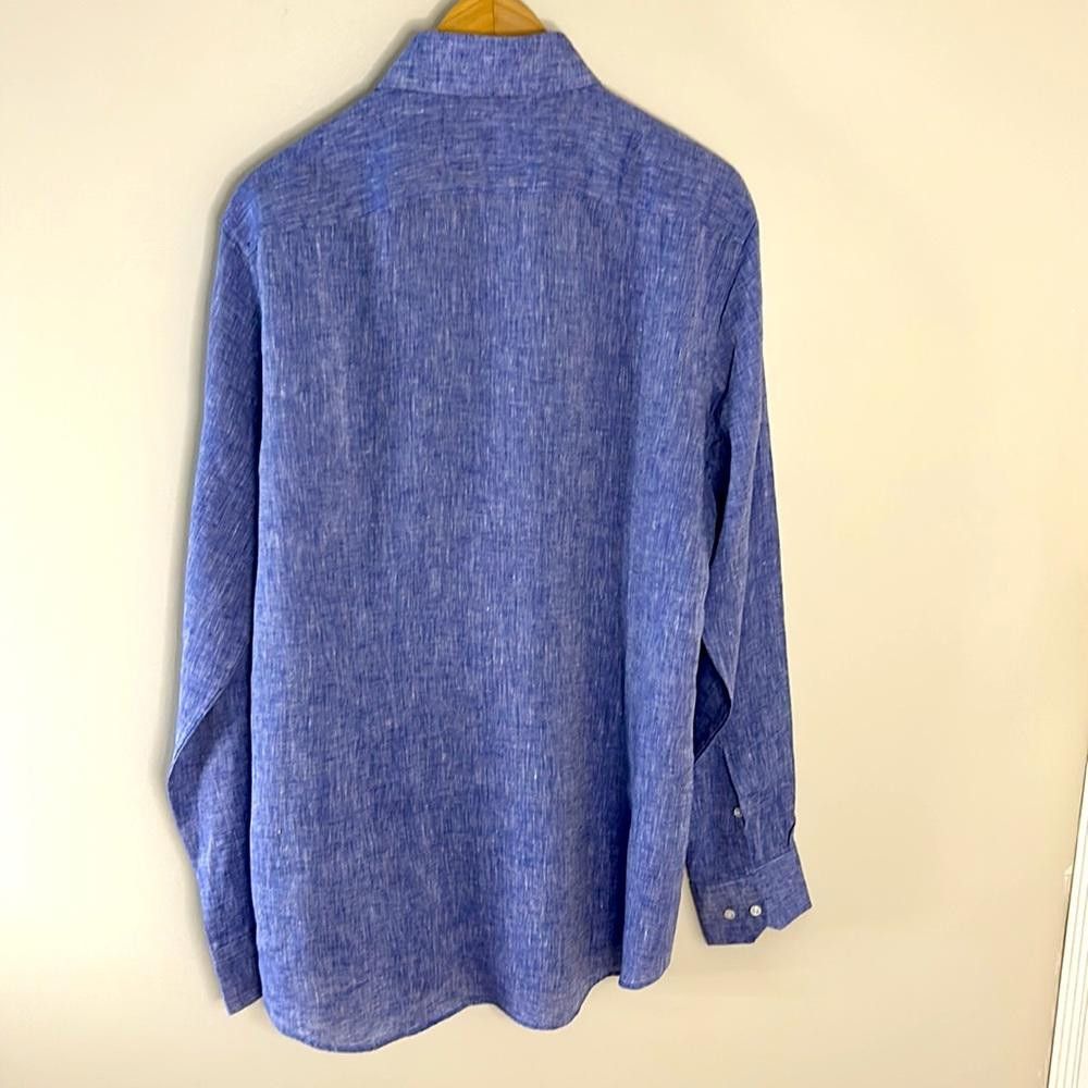 Hugo Boss Slim fit Linen -BOSS Tailored -sz 15.5- Blue w/white Heather Size 38R - 7 Thumbnail