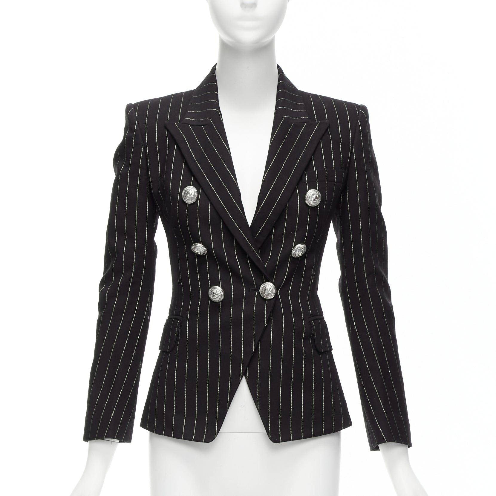 Balmain BALMAIN metallic gold striped black cotton blend double breasted blazer FR34 XS Size XS / US 0-2 / IT 36-38 - 1 Thumbnail