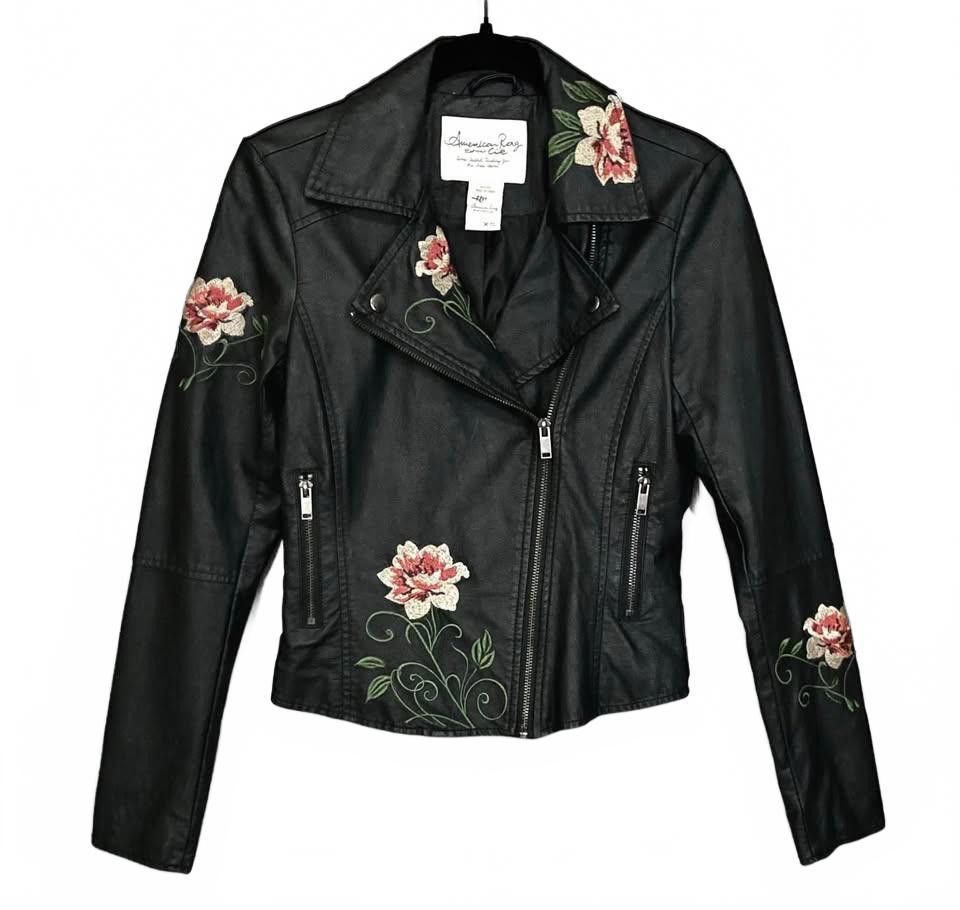 American Rag Chic Floral Embroidered Black Biker Jacket Size XS / US 0-2 / IT 36-38 - 2 Thumbnail