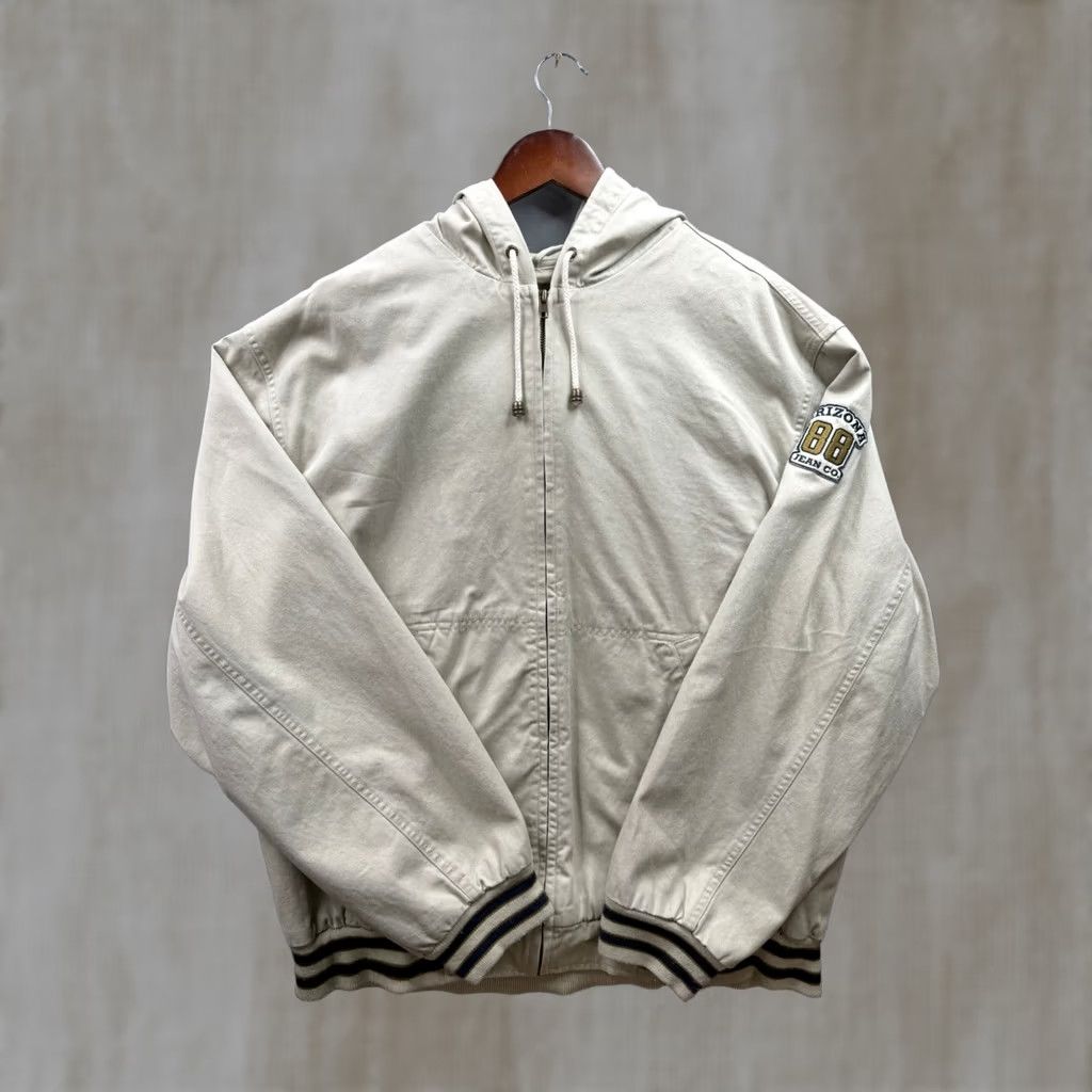 Vintage Arizona Jean Co Hooded Canvas Jacket Mens Beige Striped Trim Sleeve Patch L Size US 33 - 1 Thumbnail