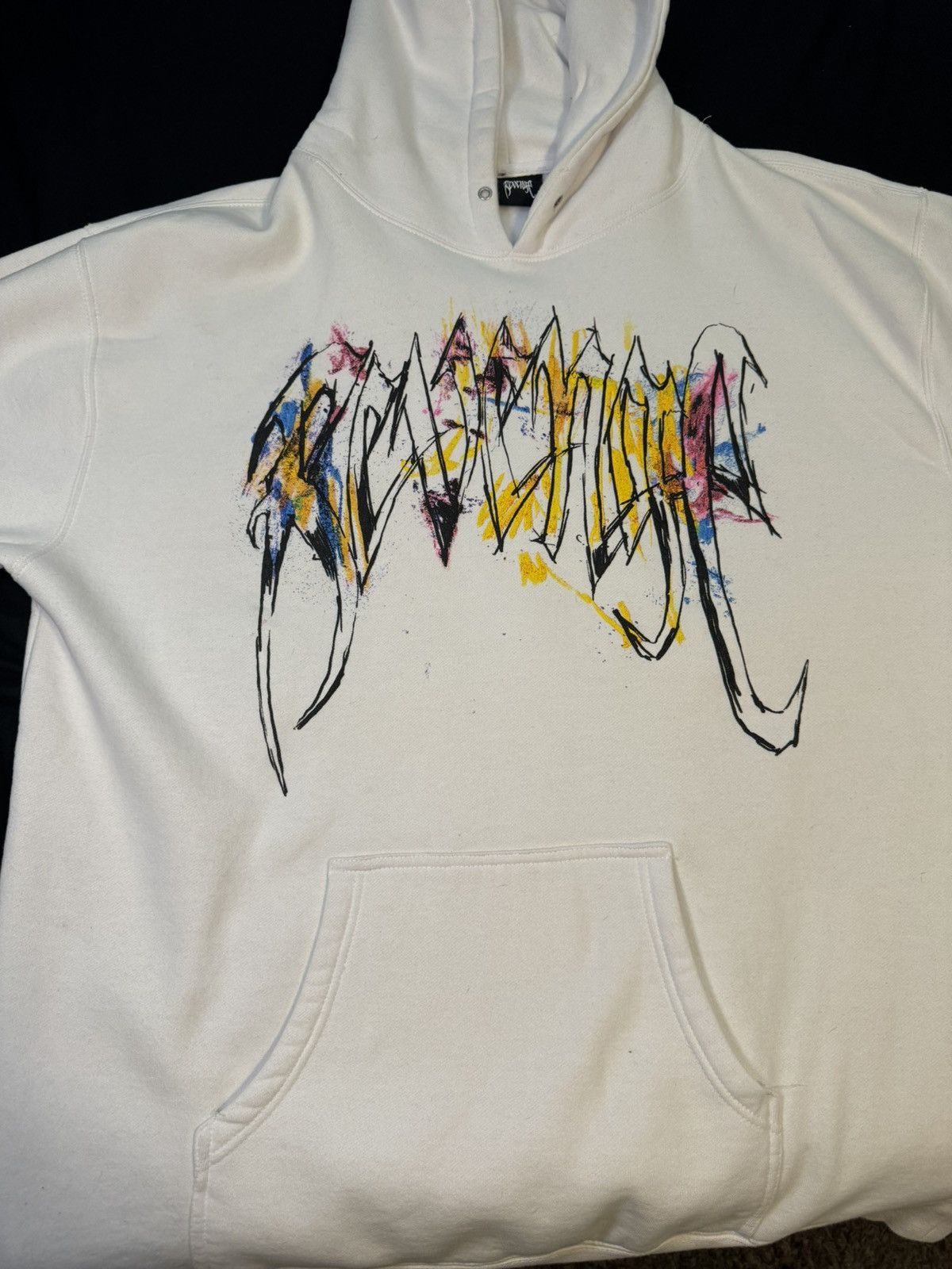 image of Lil Durk X Revenge Hoodie Paint Splatter in White, Men's (Size 2XL)