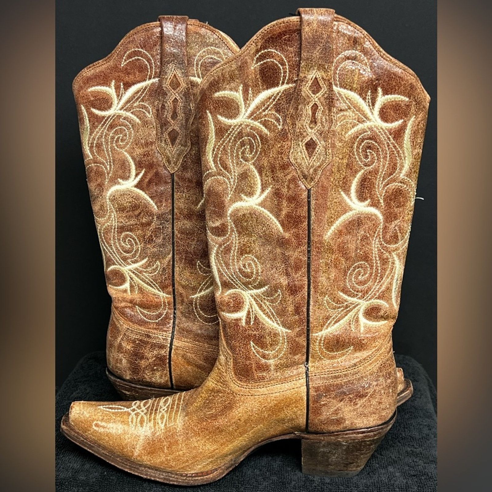 Corral Corral® Tan Cognac Embroidered Square Toe Cowboy Boots Size US 10 / IT 40 - 3 Thumbnail