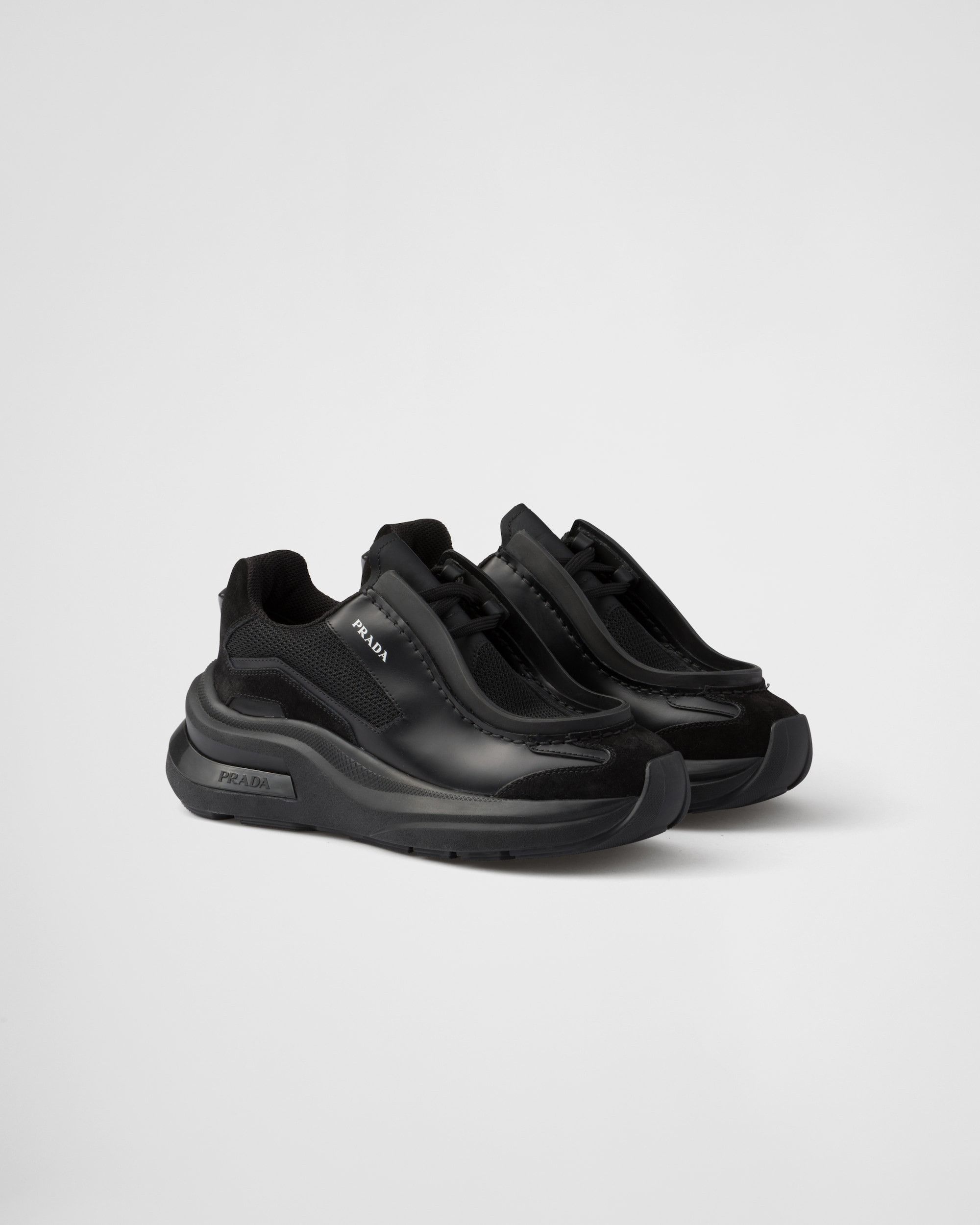 Prada $1.8K VALUE System Brushed Leather Sneakers in black Size US 8 / EU 41 - 1 Thumbnail
