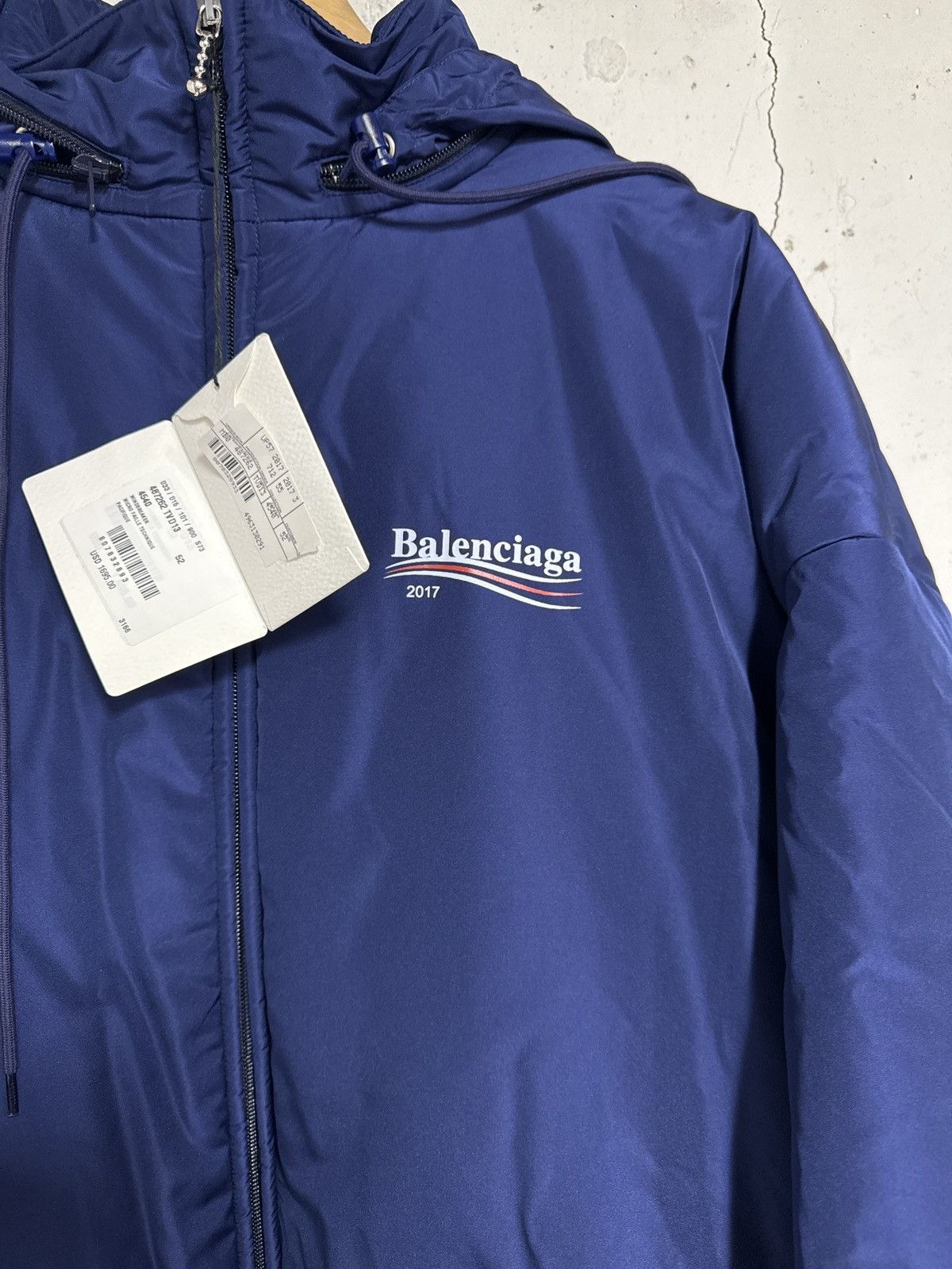 image of Balenciaga Political Campaign Puffer Jacket Windbreaker in Blue, Men's (Size XL)