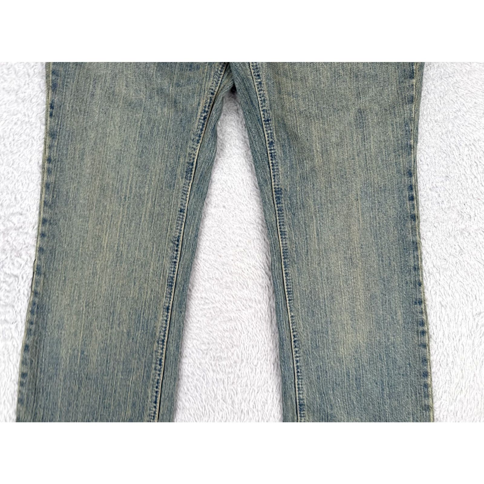 Vintage Arizona Jeans Co Juniors 7 S Blue Denim Med Wash Low Rise Cotton Blend 29x27 Jeans Womens 5-Pocket Rock Flared Distressed Pockets Vintage No Size 28" / US 6 / IT 42 - 3 Thumbnail