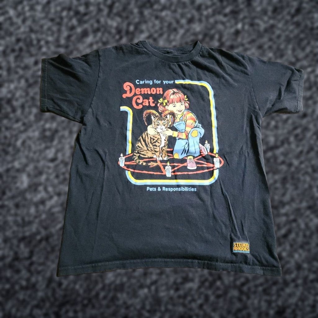 Vintage Steven Rhodes Mens T-Shirt Black XS Caring For Your Demon Cat Funny Halloween Shirt Mens XS Black Caring For Your Demon Cat Shirt Size US XS / EU 42 / 0 - 1 Thumbnail