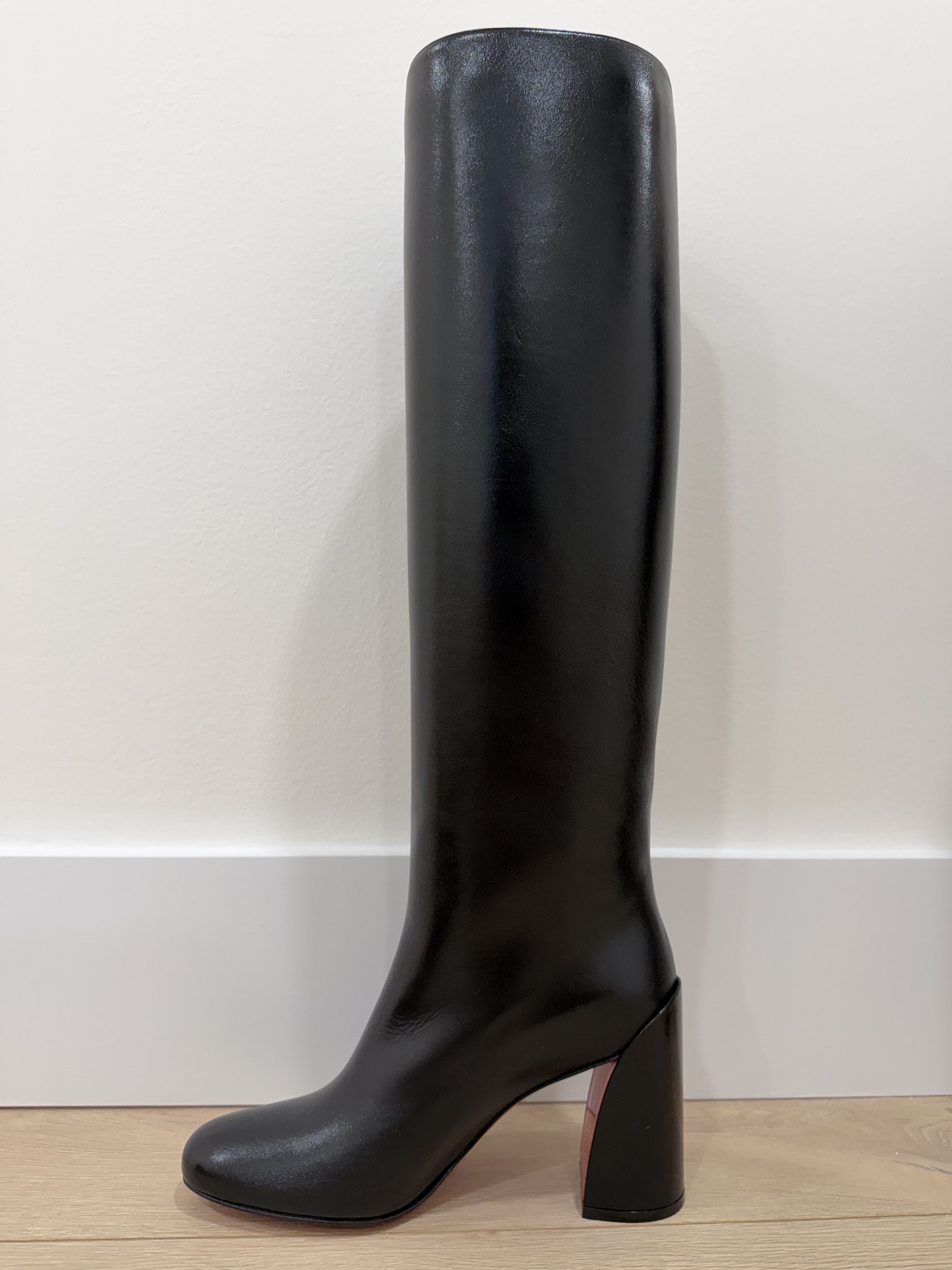 Janitta 85 Black Leather Knee High Block Heel Boot 38.5