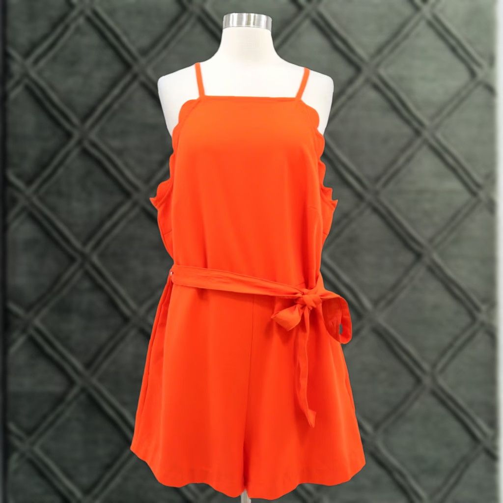 Victoria Beckham Halter Romper 1X Orange Scalloped Stretch Belted Short Target
