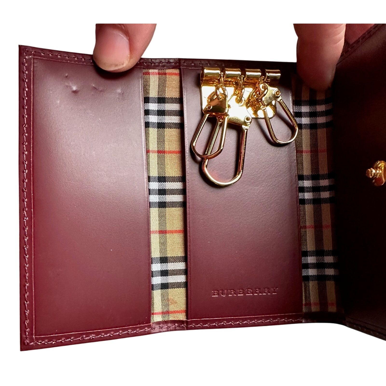 Burberry Burberry Burgundy Leather Key Holder with Nova Check Accent Size ONE SIZE - 4 Thumbnail