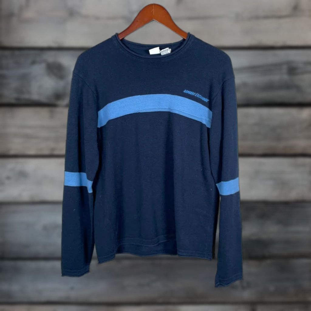 Armani Exchange Armani Exchange Sweater Mens M Blue Stripe Knit Crew Neck Slim Fit Cotton Blend Pullover Long Sleeve 90s Retro Classic Size US M / EU 48-50 / 2 - 1 Thumbnail