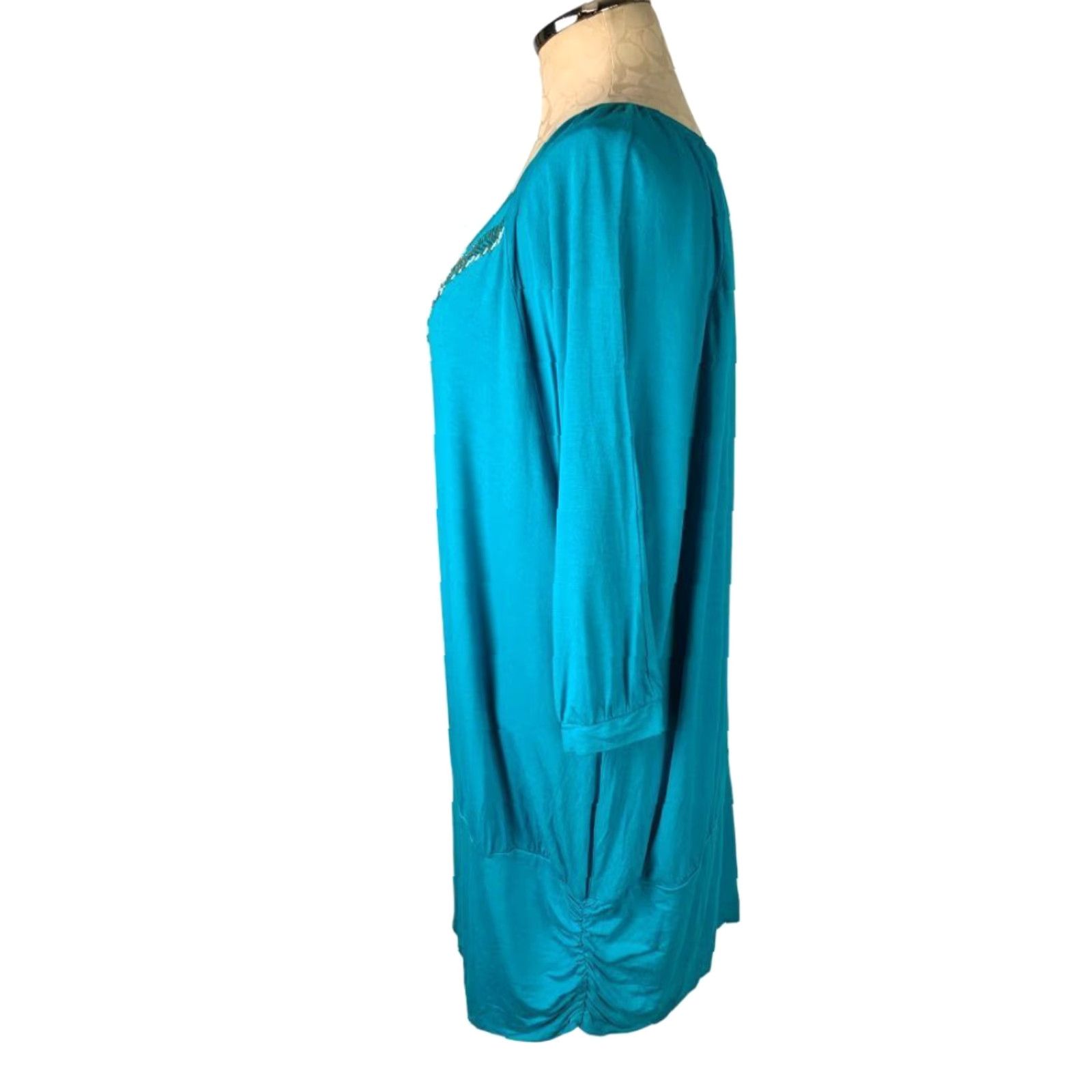 Vintage Lane Bryant Blouson Jersey Knit Top 18/20 3/4 Sleeve Beaded Neckline Teal Blue Women PLUS Womens Size XXL / US 16-18 / IT 52-54 - 3 Thumbnail