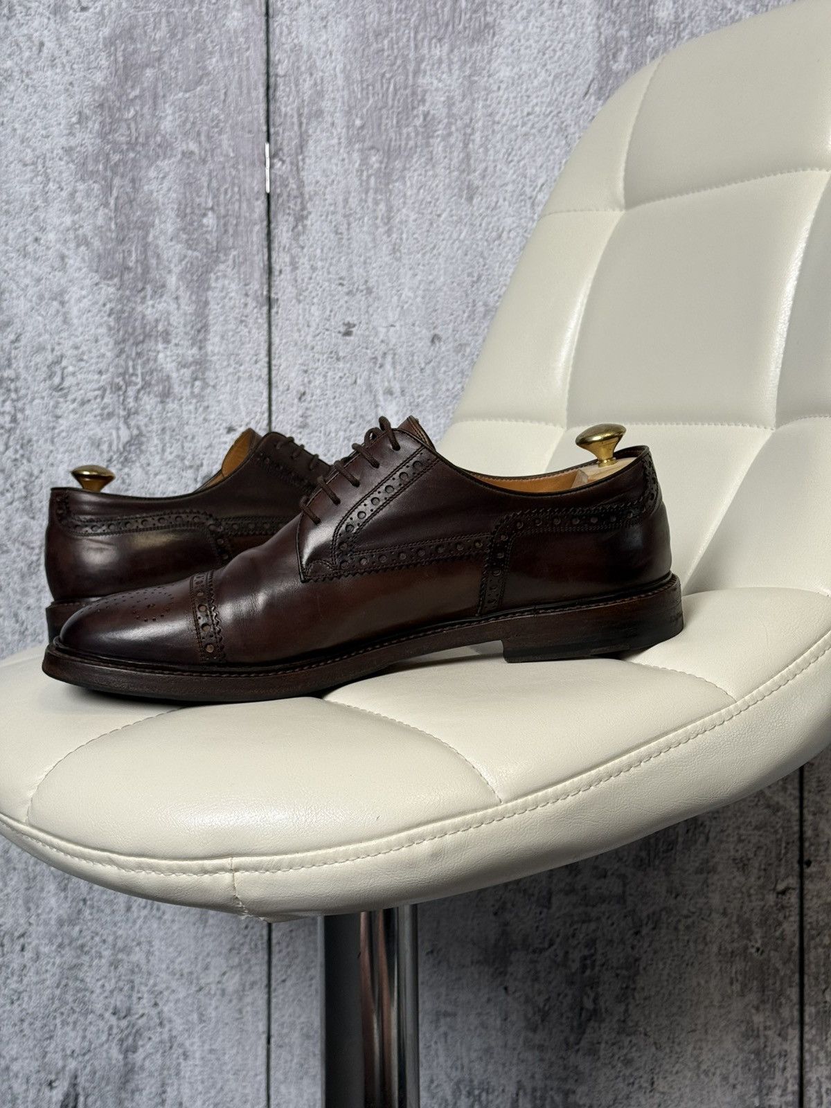 Gucci Gucci Men's Brown Leather Cap-Toe Semi-Brogue Derby Shoes Size US 10.5 / EU 43-44 - 11 Thumbnail