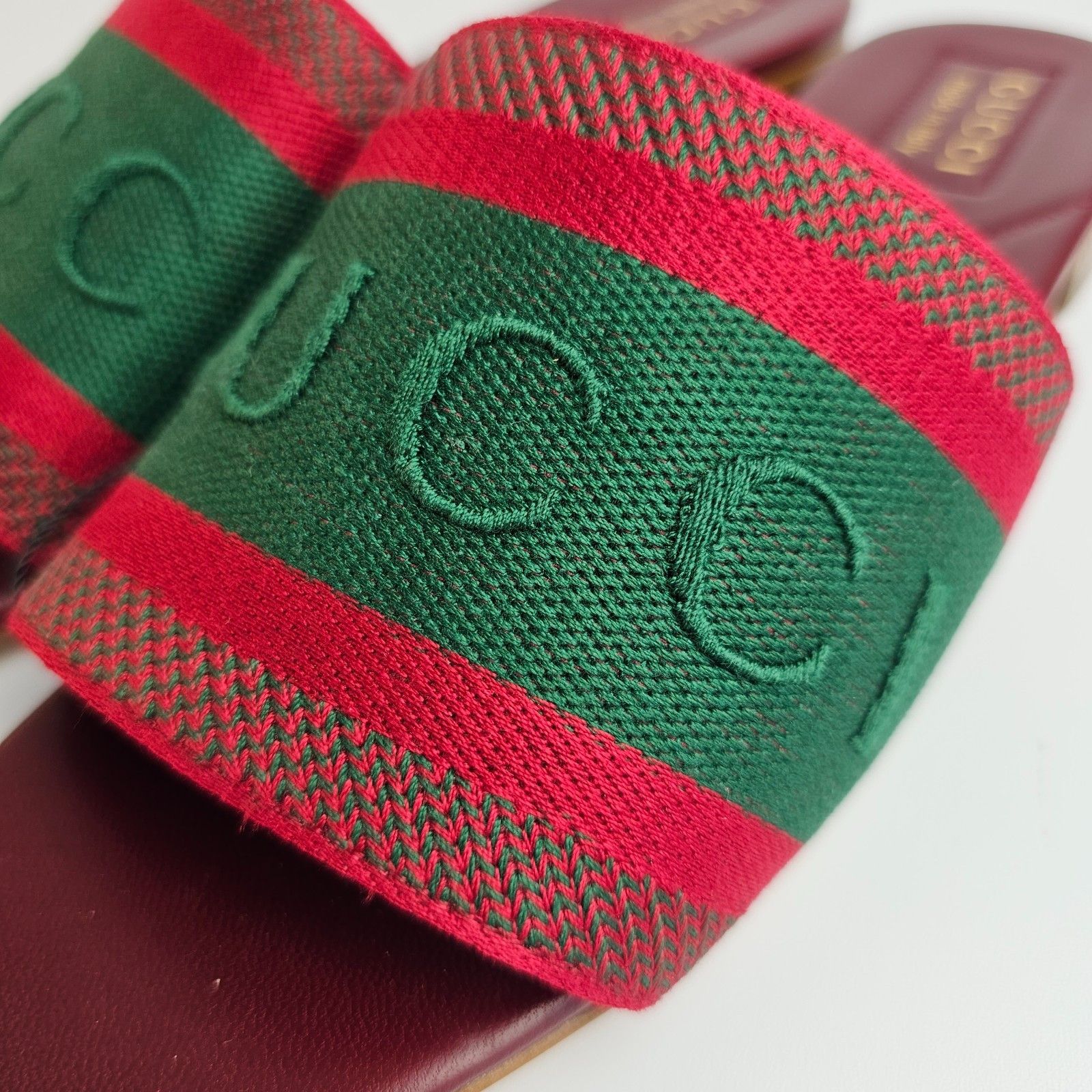 Gucci GUCCI Green/Red Cotton Web Slide Sandals New & Auth Size US 6 / IT 36 - 7 Thumbnail