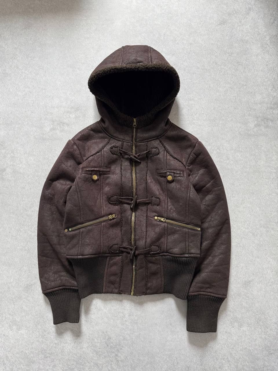 Vintage Y2K Brown Faux Shearling Hooded Toggle Jacket Distressed Size L / US 10 / IT 46 - 1 Thumbnail