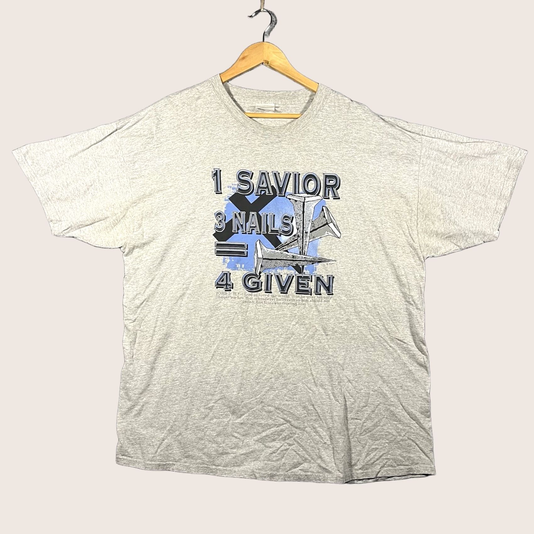 Fruit Of The Loom VINTAGE Fruit of the Loom Shirt Mens 2XL Gray Short Sleeve Crew Neck Jesus 3 Nails 4 Given Christian Faith 90s John 3:16 T-Shirt Size US XXL / EU 58 / 5 - 1 Thumbnail