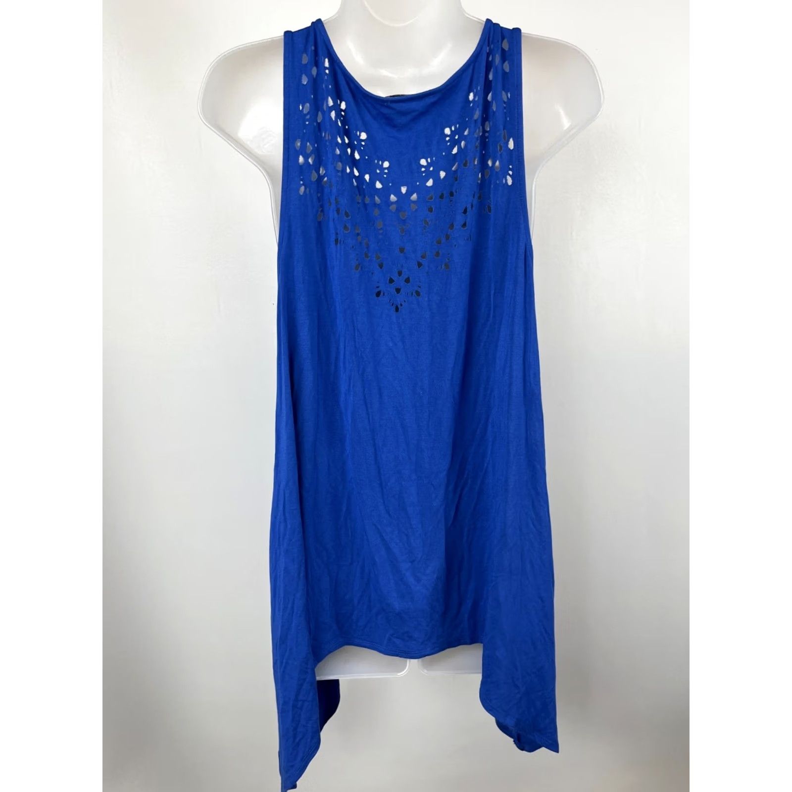 Vintage Carmen Marc Valvo Tank Top Womens L Blue Laser Cut Sleeveless Asym Hem Rayon Size L / US 10 / IT 46 - 5 Thumbnail