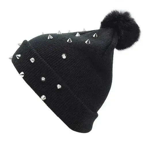ORGVSM Rivet Winter Pompom Beanies Punk Rock Hats Size ONE SIZE - 4 Thumbnail