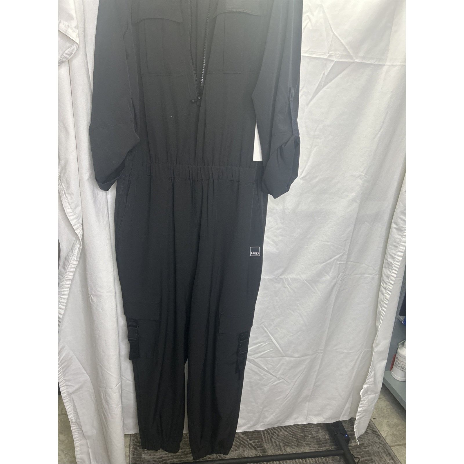 DKNY DKNY Black Utility Cargo Jumpsuit Womans L Tab Sleeve Travel Size 29" - 14 Thumbnail