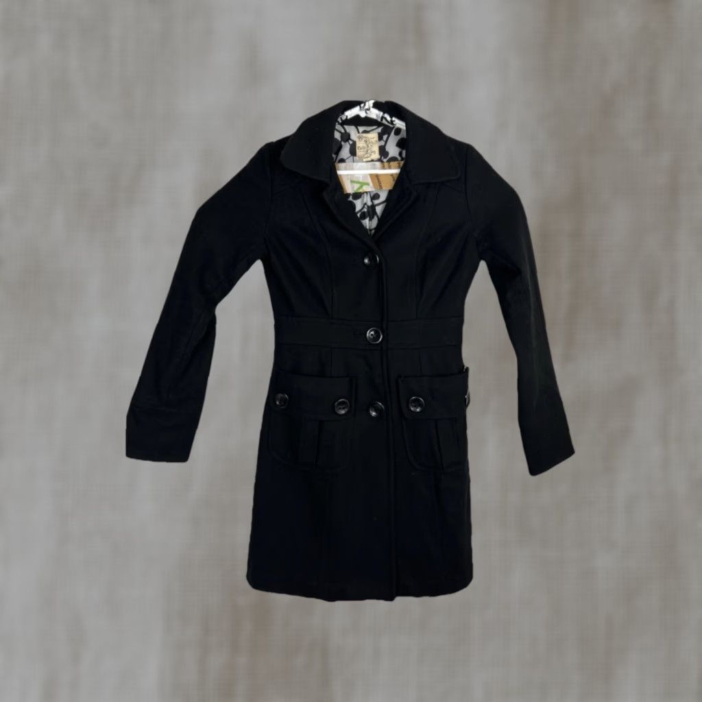 Anthropologie anthropologie Pea Coat Womens Small Black Wool Blend Coat with Lined Pockets Button Up Tulle detailing Size S / US 4 / IT 40 - 1 Thumbnail