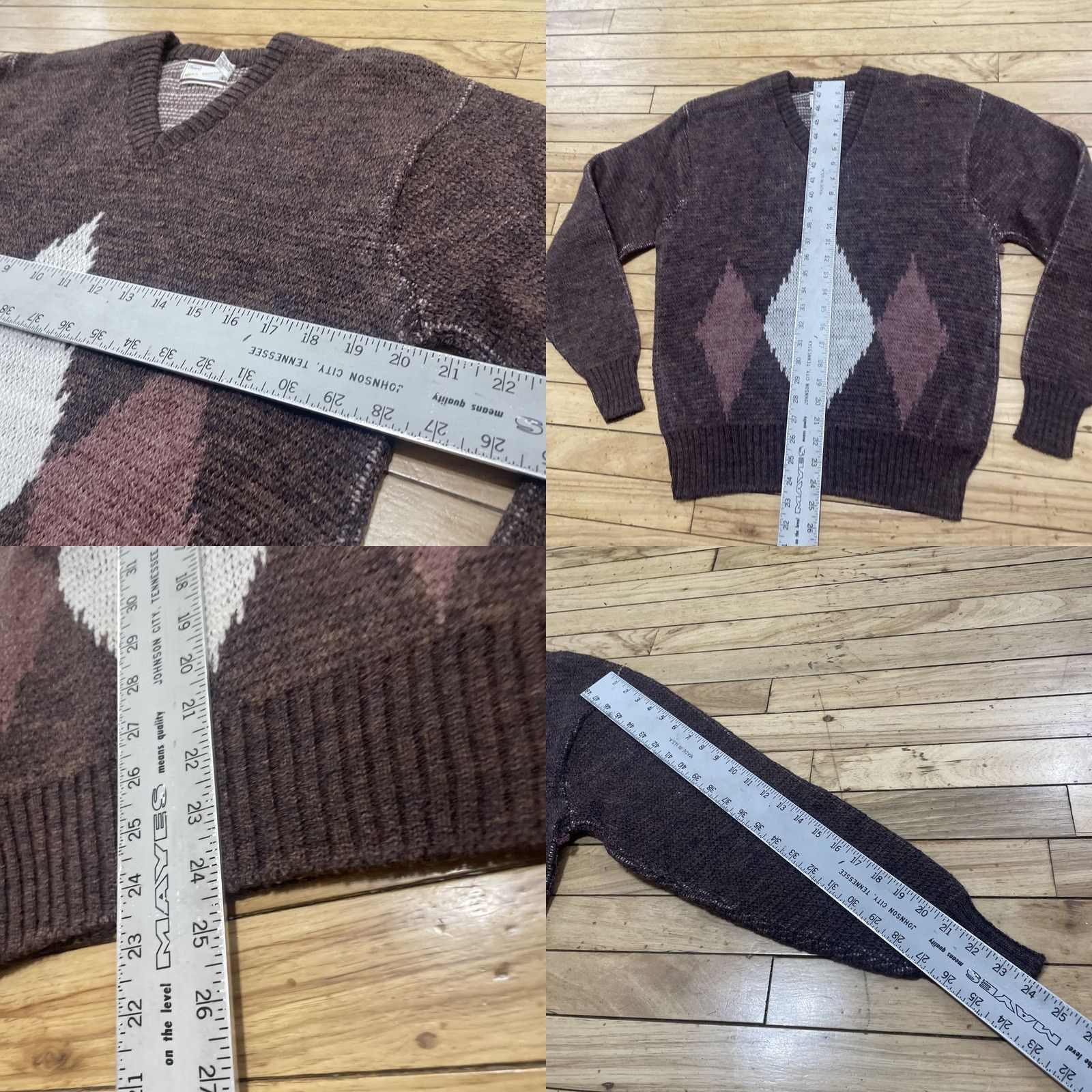Sears VINTAGE Sears Men's Sportswear Wool Crop Vneck Argyle Sweater L Brown Orlon Acryllic Knit Pullover Geometric Pattern Mens Size US L / EU 52-54 / 3 - 8 Thumbnail